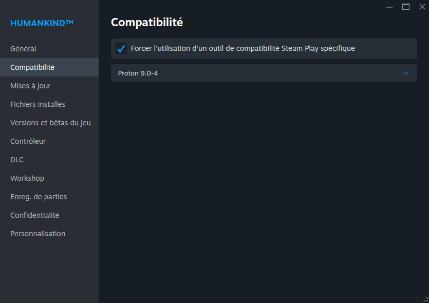 Ecran des paramétres Steam indiquant l'option "Compatibilité"