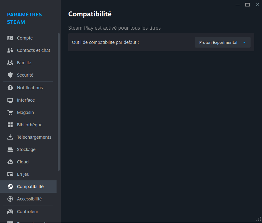 Ecran des paramétres Steam indiquant l'option "Compatibilité"