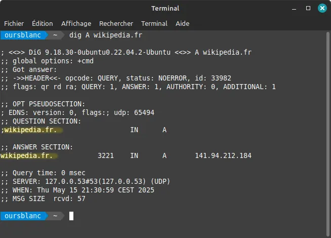 Capture d'écran d'un terminal montrant le résultat d'une commande dig. Le point final de "wikipedia.fr." est visible en jaune, représentant le niveau root DNS habituellement invisible.